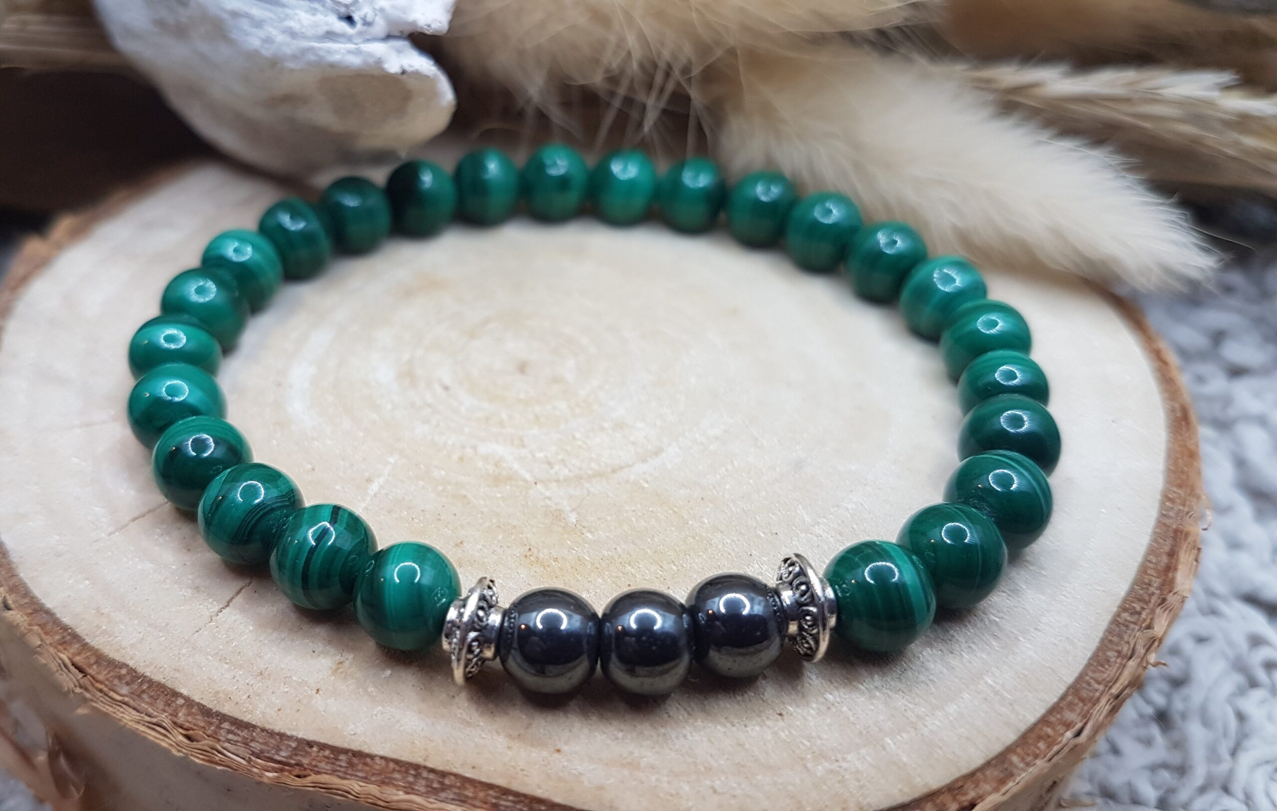 Bracelet malachite & hématite -Santé et force - TRIO - les sens de julie - lithotherapie et artisanat prix 29euros