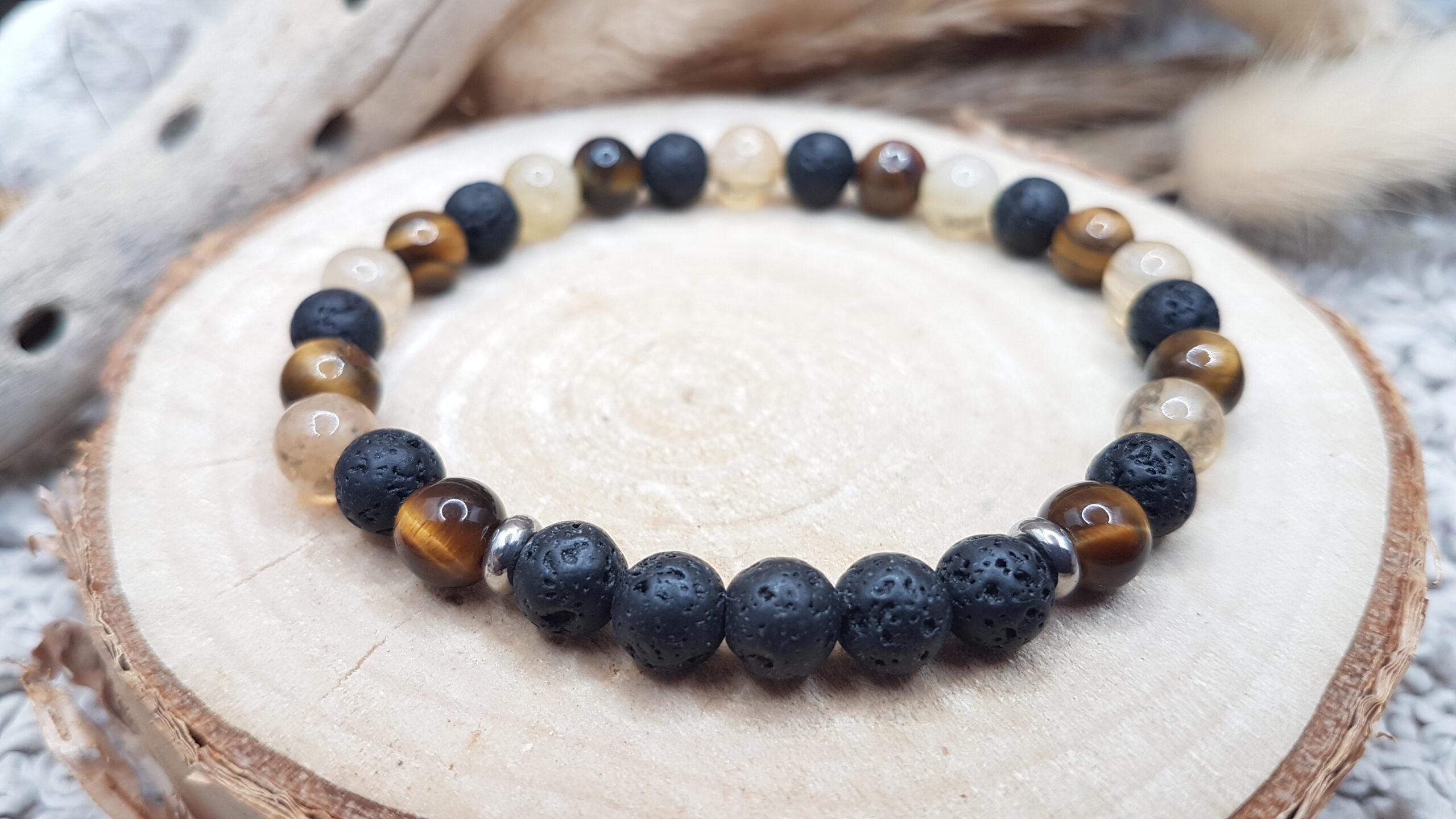 Bracelet Oeil de Tigre, Citrine & Pierre de Lave – Image 2