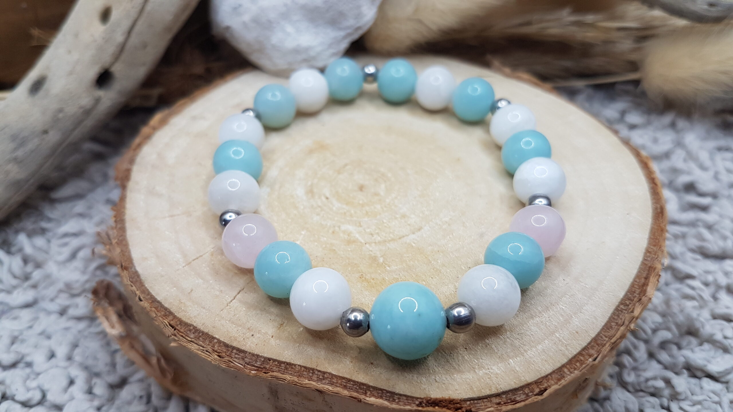 Bracelet Quartz rose, Améthyste & Amazonite - Pierres naturelles - 8mm - France