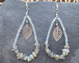 Boucles d'oreilles Labradorite-Feuille argenté