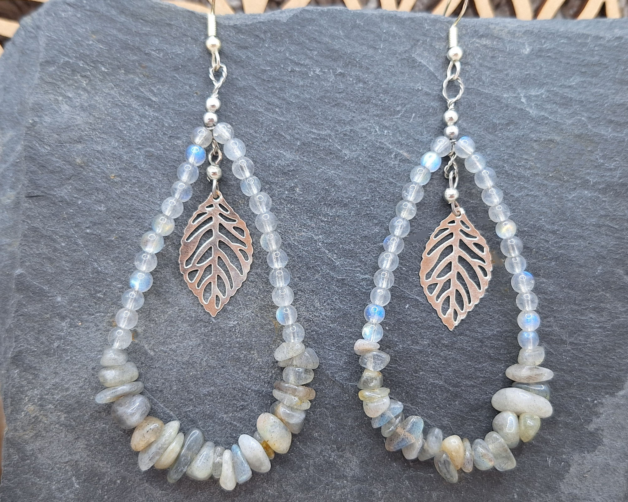 Boucles d'oreilles Labradorite-Feuille argenté