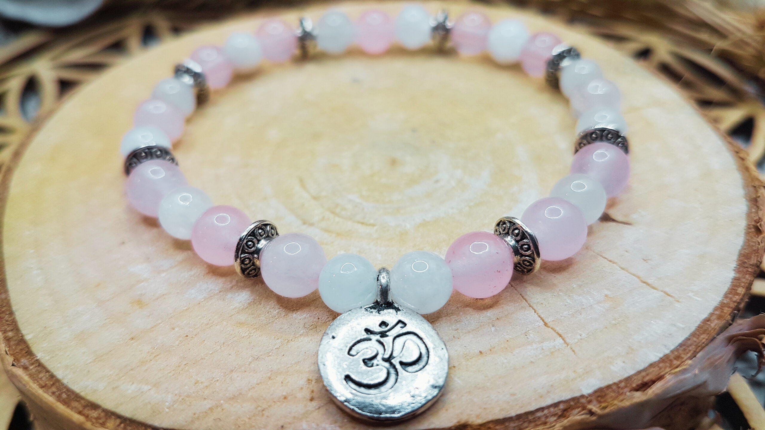 Bracelet Quartz Rose & Pierre de Lune-Mini Om