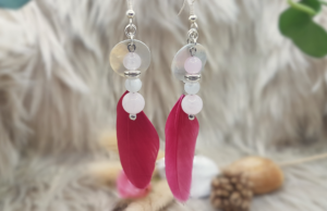 Boucles d'oreilles Pierre de Lune & Quartz rose-Plumes Fushia