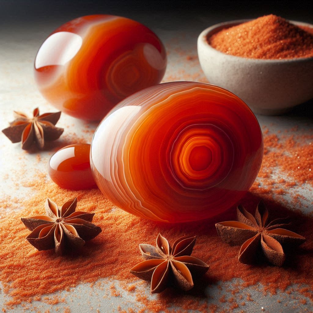 Pierre de cornaline, famille des agates, couleur orange intense.