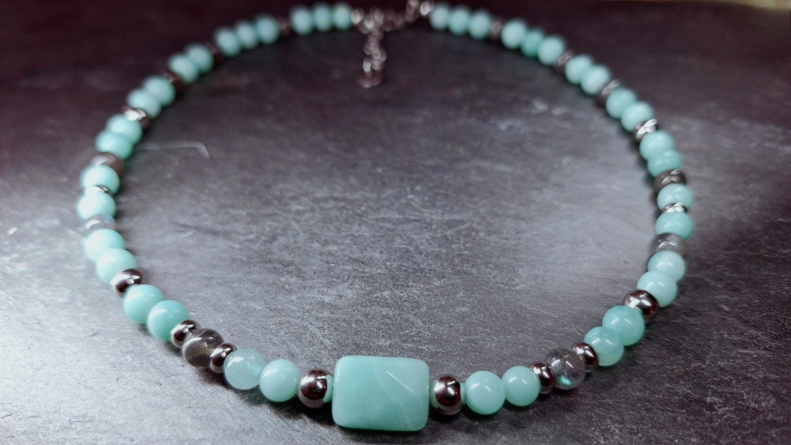 Collier amazonite & labradorite -perle amazonite rectangle facettée- 99€