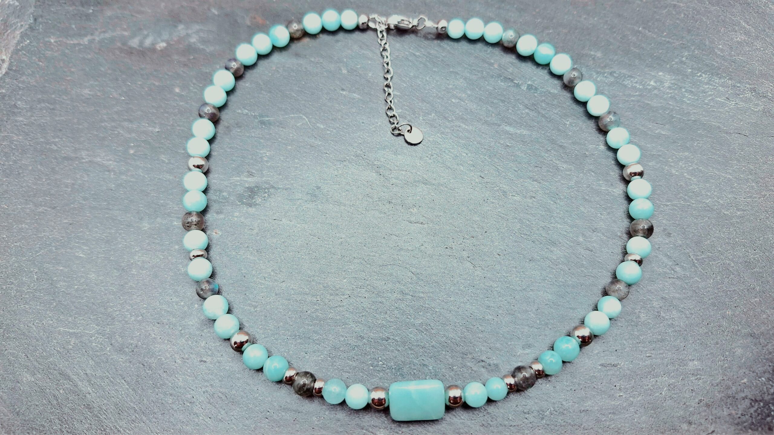 Collier amazonite & labradorite -perle amazonite rectangle facettée- 99€ Harmonie et protection