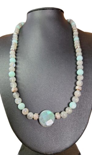 Collier labradorite et amazonite -cabochon amazonite facetté. Protection et harmonie.