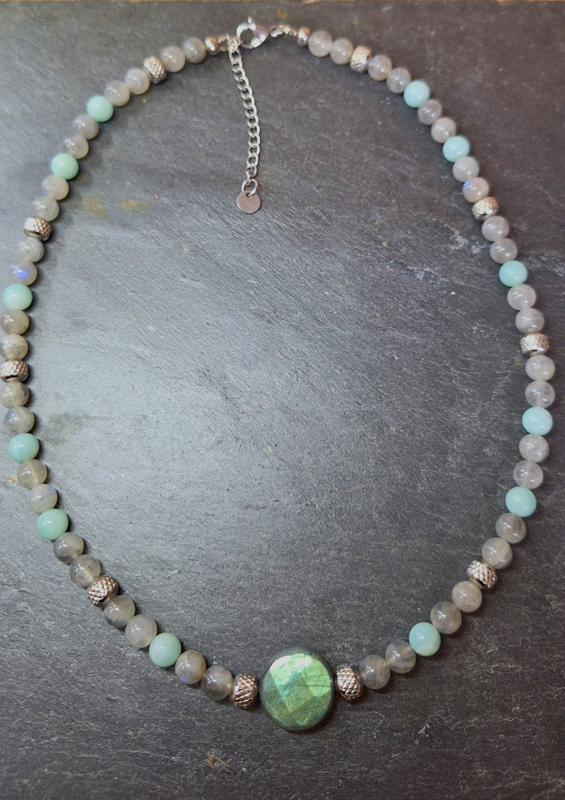 Collier labradorite et amazonite -cabochon amazonite facetté. Protection et harmonie.